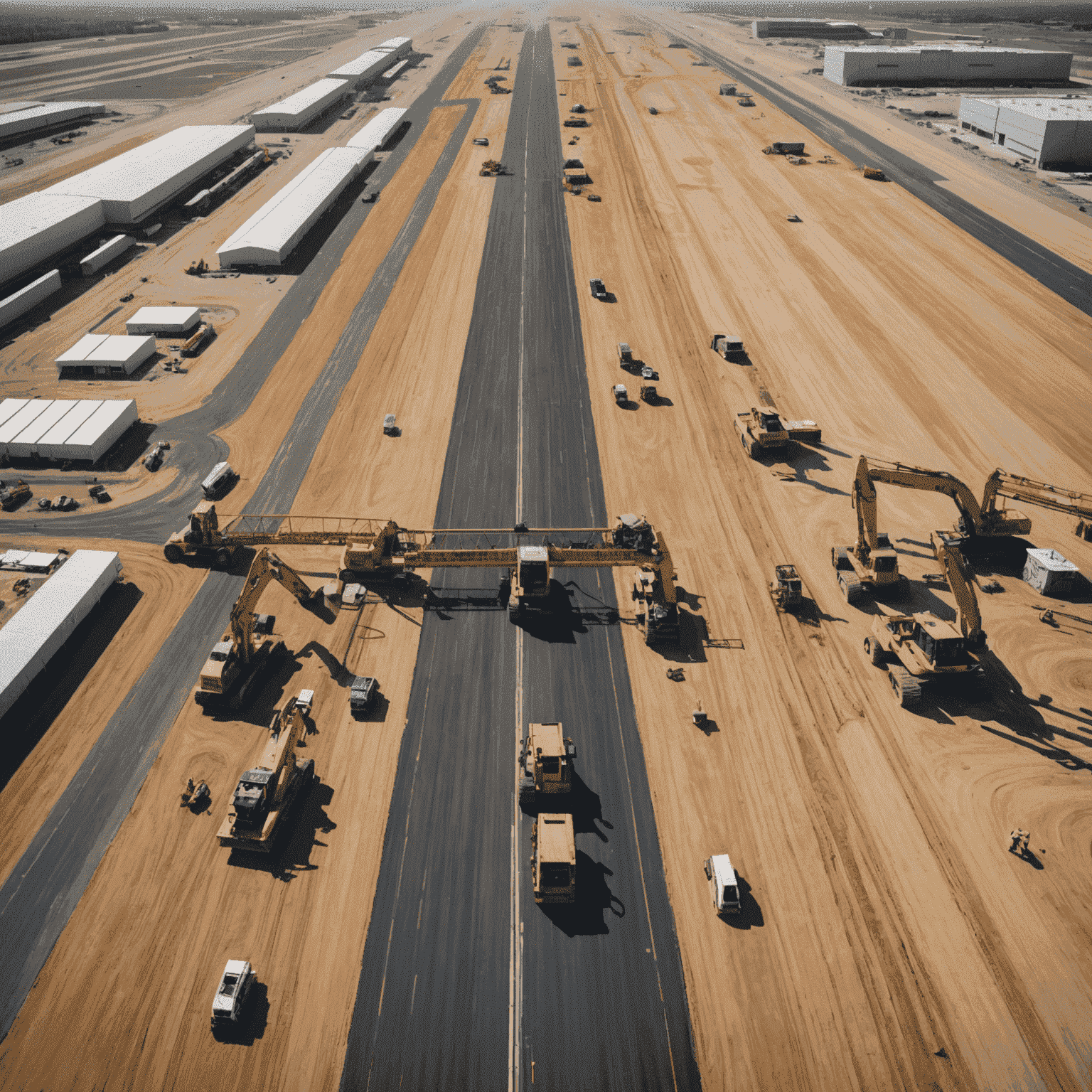 Aerial view of a major airport runway under construction, showing heavy machinery and workers in progress