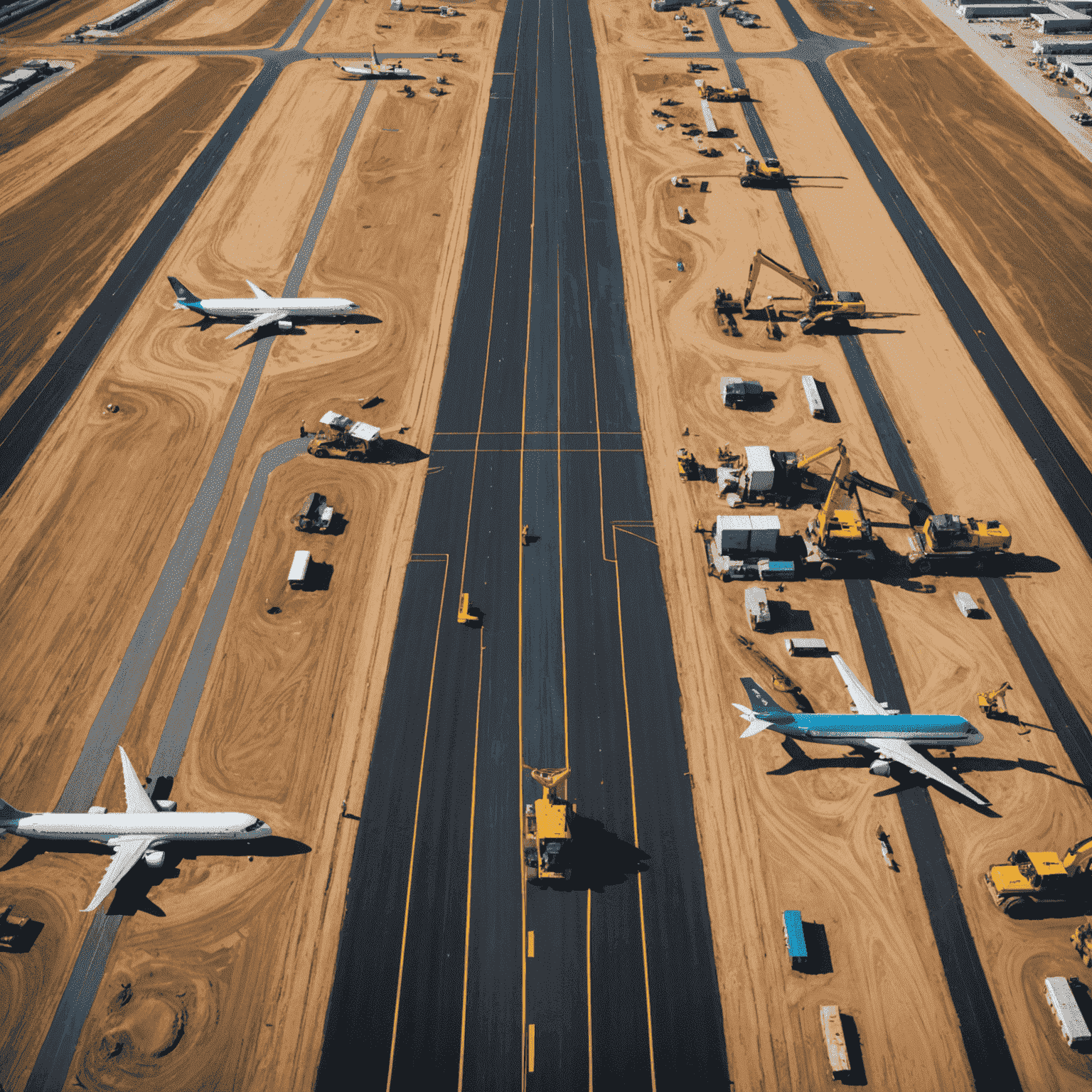 Aerial view of an airport runway under construction, with heavy machinery and workers visible. The image showcases ongoing development and expansion of airport infrastructure.