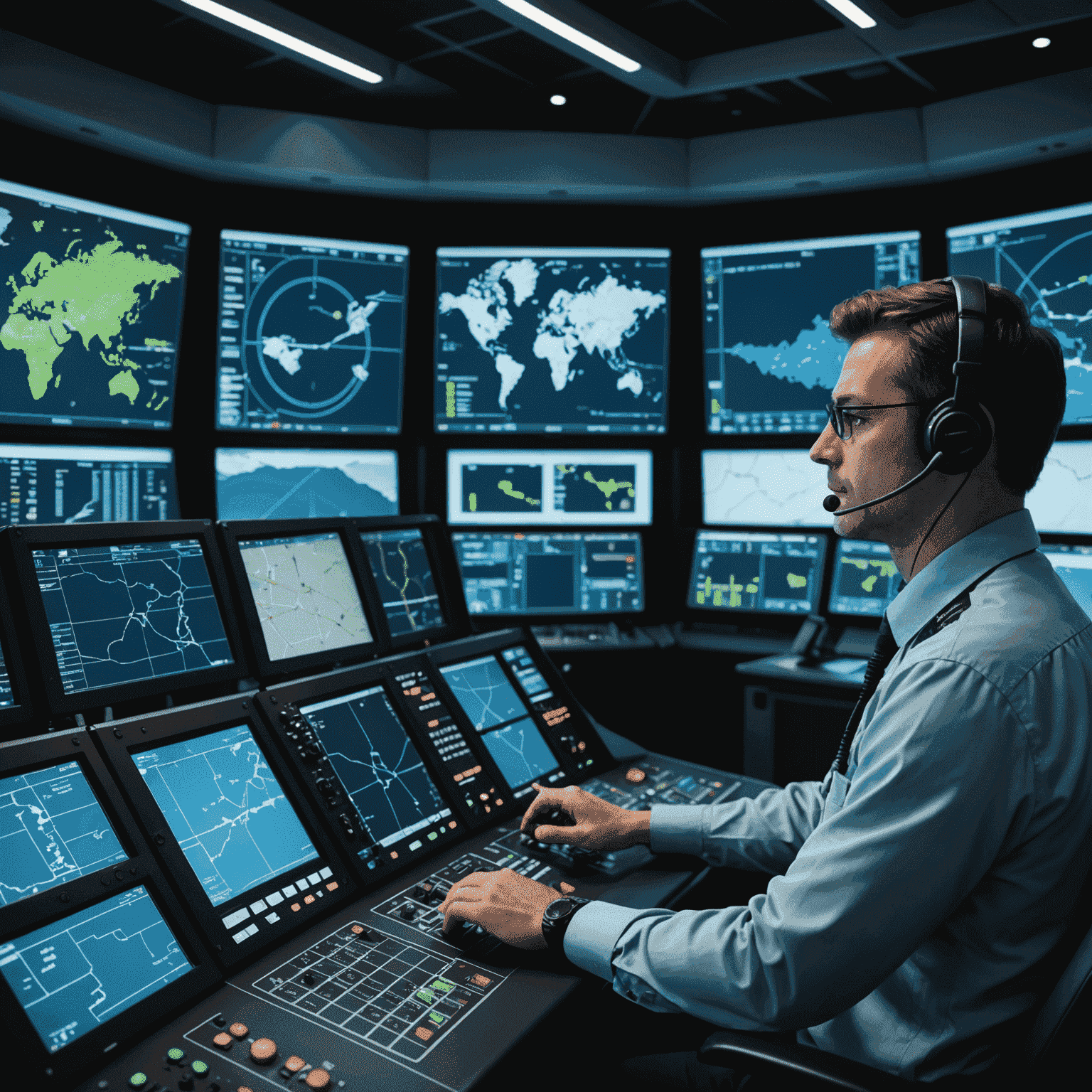 Air traffic controller using a state-of-the-art digital control panel with 3D airspace visualization