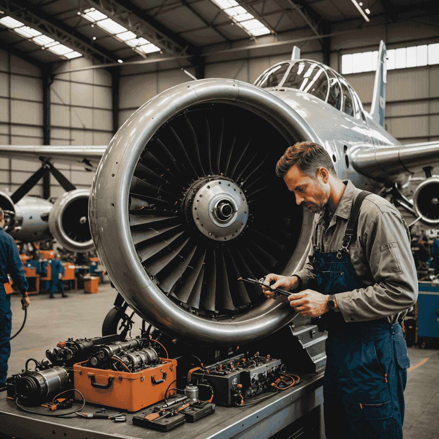 Mechanic working on aircraft engine in hangar, surrounded by tools and equipment