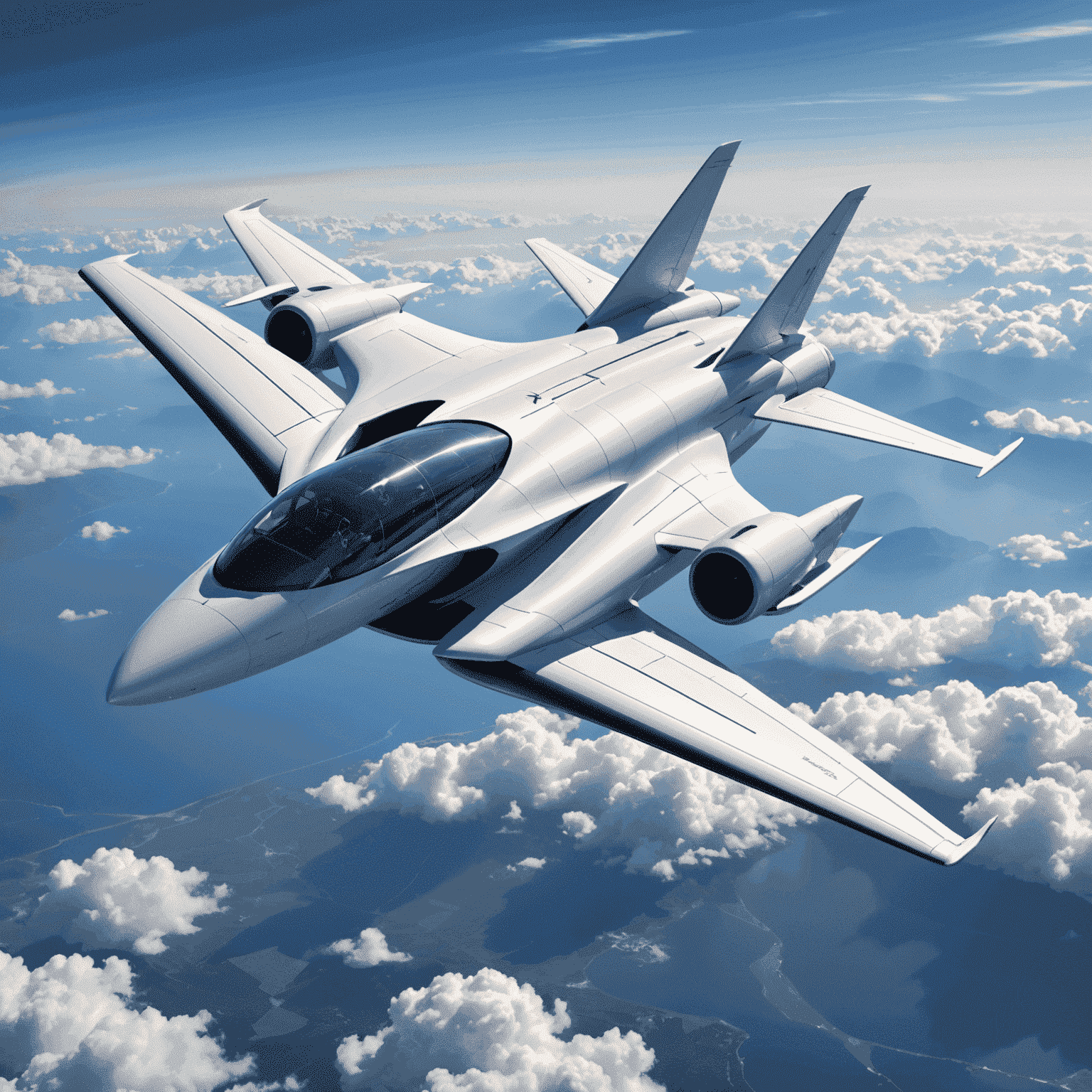 Futuristic aircraft design concept with sleek aerodynamic features and innovative engine placement. The image illustrates advancements in aircraft technology focusing on fuel efficiency and noise reduction.