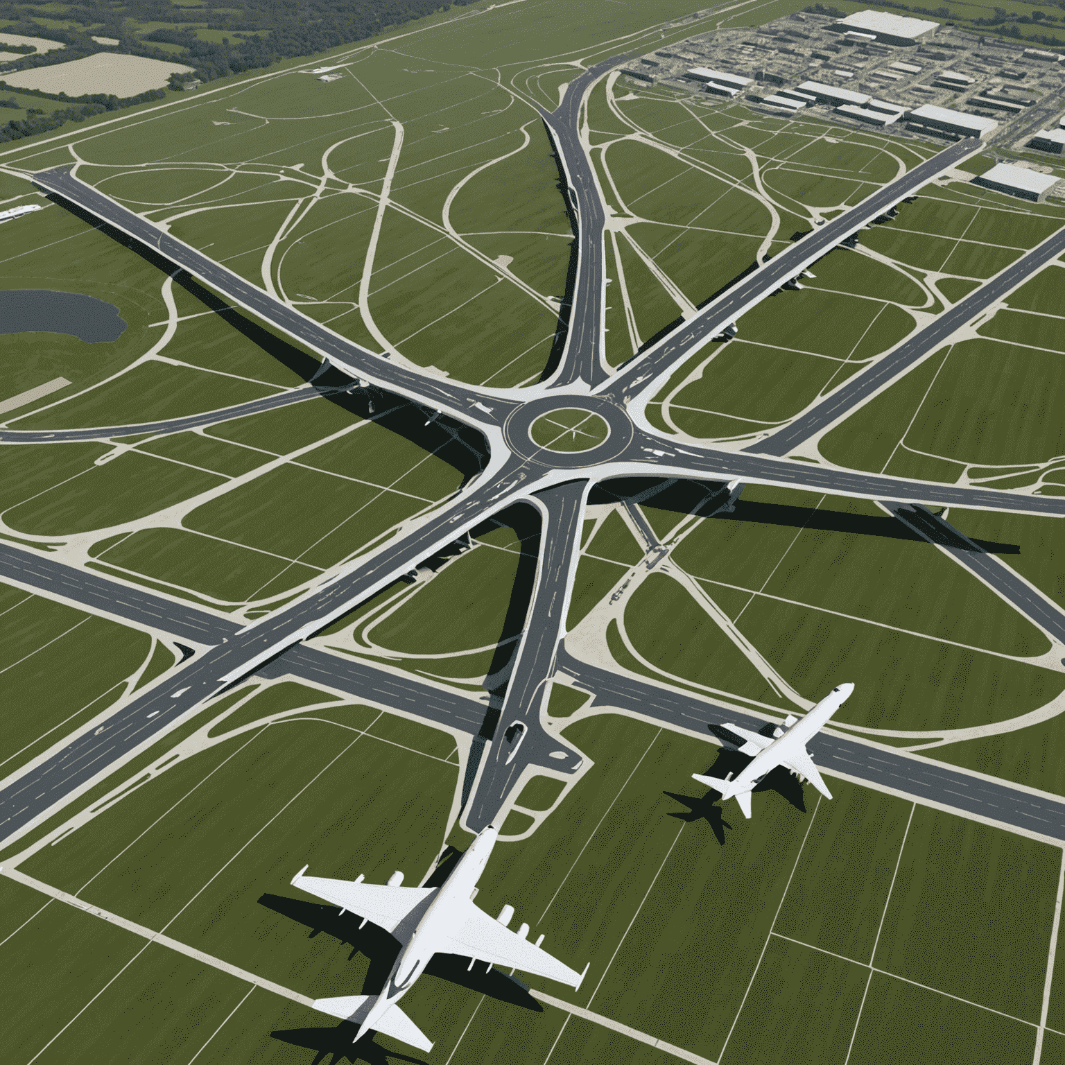 Graphical representation of optimized flight paths over a busy aerodrome, showing reduced congestion and improved traffic flow