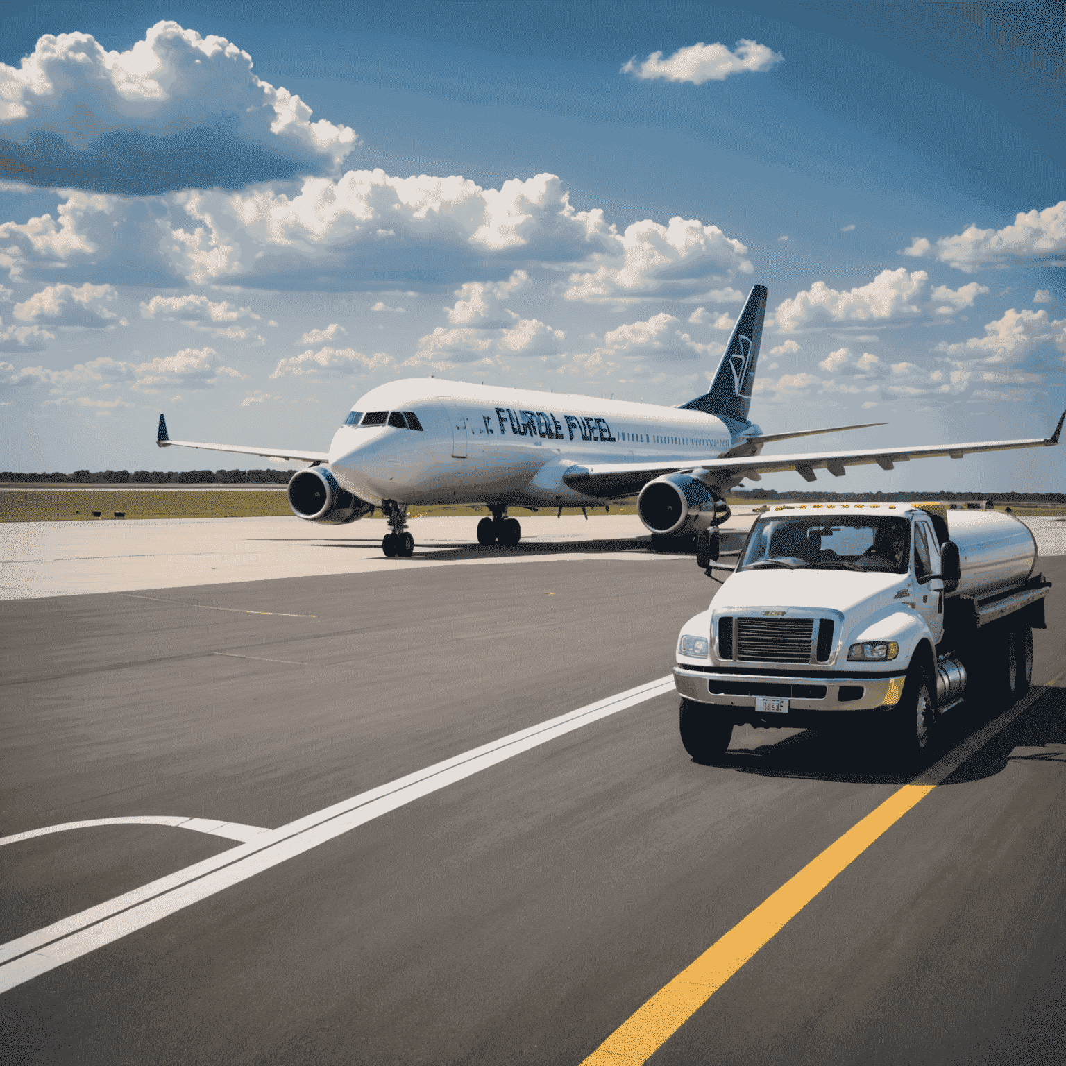 Fuel truck refueling an aircraft on the tarmac, with aerodrome in the background