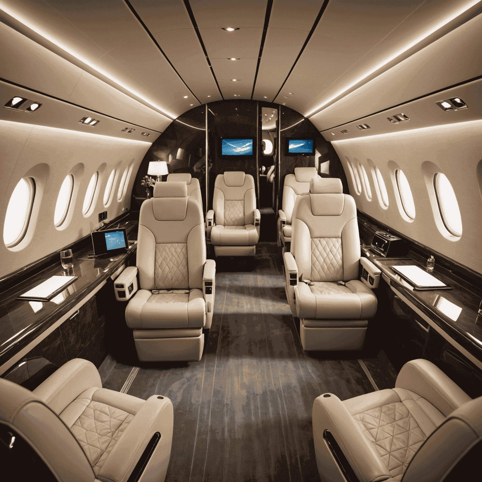 Luxurious private jet interior with comfortable seating and modern amenities